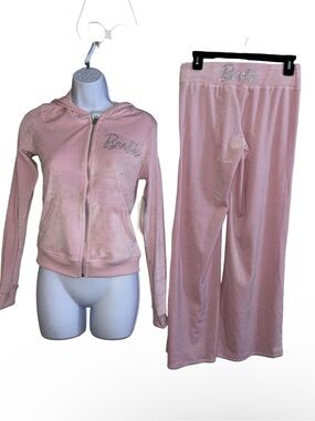 BARBIE DUSTY ROSE PINK BLING RHINESTONE VELOUR WIDE LEG TRACKSUIT SWEATSUIT NWT